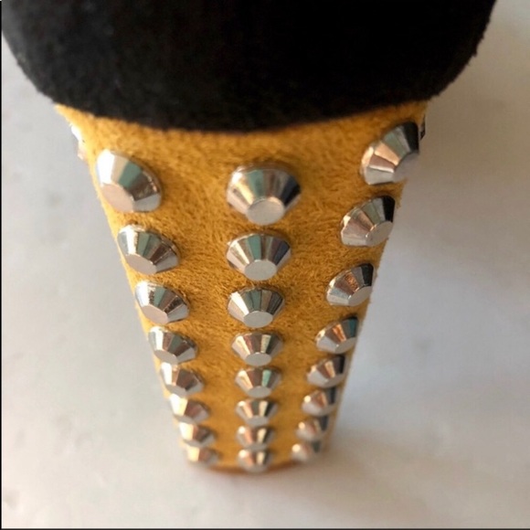 Black + Mustard Suede Rivet Heels - Picture 6 of 7